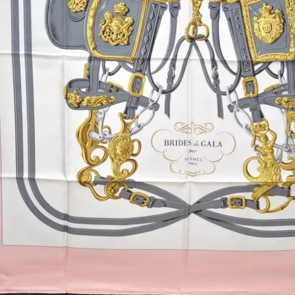 HERMES Carre 90 Scarf "BRIDES de GALA par" Silk Pink and White Authentic - Picture 5 of 12